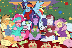 Size: 2039x1378 | Tagged: safe, artist:snspony, derpibooru import, applejack, fluttershy, pinkie pie, rainbow dash, rarity, twilight sparkle, earth pony, pegasus, pony, unicorn, blushing, christmas, christmas tree, cider, clothes, cup, drink, drinking, earmuffs, ears, eyes closed, female, floppy ears, flying, hat, hearth's warming, holiday, jacket, laughing, mane six, mare, scarf, sitting, smiling, sweater, tree, winter, winter outfit