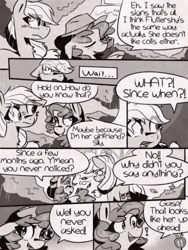 Size: 1050x1400 | Tagged: safe, artist:provolonepone, derpibooru import, applejack, pinkie pie, earth pony, pony, comic:sapphic story, applejack's hat, clothes, comic, cowboy hat, dialogue, hat, implied flutterpie, implied lesbian, implied rarijack, implied shipping, monochrome, speech bubble, tree