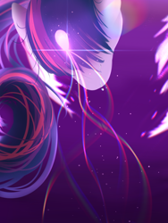 Size: 1760x2340 | Tagged: artist needed, safe, derpibooru import, twilight sparkle, twilight sparkle (alicorn), alicorn, pony, crying, female, glowing, glowing horn, high res, horn, immortality blues, life theory, magic, mare, perspective, sad, solo, surreal