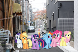 Size: 2000x1333 | Tagged: safe, artist:dashiesparkle, derpibooru import, applejack, fluttershy, pinkie pie, rainbow dash, rarity, twilight sparkle, unicorn twilight, earth pony, pegasus, pony, unicorn, irl, japan, mane six, photo, ponies in real life, tokyo