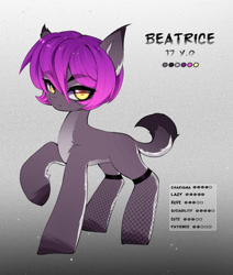 Size: 1698x2000 | Tagged: safe, artist:shavurrr, artist:tatar.sauce, derpibooru import, oc, oc only, oc:beatrice, earth pony, pony, beautiful eyes, blank flank, character design, clothes, color palette, colored pupils, cute, ear fluff, ears, earth pony oc, eyebrows, eyebrows visible through hair, eyelashes, female, golden eyes, gradient background, gray coat, looking at you, mare, ocbetes, pale belly, pantyhose, purple mane, raised hoof, raised leg, reference sheet, short tail, solo, tail, teenager, two toned coat