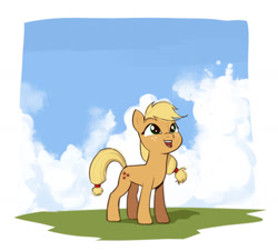 Size: 1280x1156 | Tagged: safe, artist:ddenver, derpibooru import, applejack, earth pony, pony, cloud, cute, female, freckles, hatless, jackabetes, looking up, mare, missing accessory, open mouth, open smile, shadow, sky, smiling, solo, standing