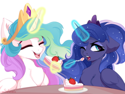 Size: 5000x3763 | Tagged: safe, artist:xsatanielx, derpibooru import, princess celestia, princess luna, alicorn, pony, absurd resolution, cake, cakelestia, chest fluff, crown, cute, cutelestia, duo, duo female, ears, ethereal mane, eyes closed, female, floppy ears, food, fork, glowing, glowing horn, happy, horn, jewelry, lunabetes, magic, magic aura, mare, mlp fim's eleventh anniversary, one eye closed, open mouth, open smile, regalia, royal sisters, siblings, simple background, sisters, smiling, starry mane, strawberry, telekinesis, white background