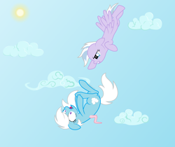 Size: 5268x4433 | Tagged: safe, artist:kaitykat117, derpibooru import, oc, oc only, oc:feather_bloom, oc:silver haze(kaitykat), pegasus, base used, cloud, falling, scared, sun, vector, wings bare