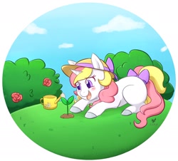 Size: 1780x1612 | Tagged: safe, artist:foxhatart, derpibooru import, oc, oc only, oc:taffy, pony, unicorn, blushing, bow, bush, female, grass, happy, hat, looking at something, lying down, mare, open mouth, open smile, partial background, plant, prone, smiling, solo, tail, tail bow, watering can