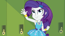 Size: 1920x1078 | Tagged: safe, derpibooru import, screencap, rarity, better together, equestria girls, holidays unwrapped, armpits, female, hallway, lockers, o come all ye squashful, rarity peplum dress, sleeveless, solo