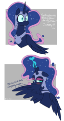 Size: 2124x4000 | Tagged: safe, artist:icey, derpibooru import, nightmare moon, alicorn, pony, blushing, comic, looking at you, nightmare night, pickup lines, solo, text