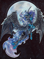 Size: 1127x1500 | Tagged: safe, artist:ocelotfire-art, derpibooru import, nightmare moon, alicorn, pony, bat wings, blue eyes, blue mane, curved horn, ethereal mane, fangs, feather, female, flowing mane, flowing tail, flying, helmet, hoof shoes, horn, hybrid wings, looking up, moon, night, open mouth, solo, spread wings, starry mane, starry tail, stars, tail, teeth, traditional art, wings