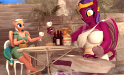 Size: 3563x2160 | Tagged: safe, artist:steamyart, derpibooru import, somnambula, sphinx (character), anthro, sphinx, 3d, alcohol, commission, glass, size difference, source filmmaker, wine, wine glass