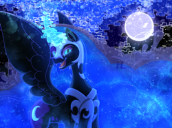 Size: 1200x899 | Tagged: safe, artist:icelighti, derpibooru import, nightmare moon, alicorn, pony, blue eyes, blue mane, curved horn, digital art, ethereal mane, fangs, feather, female, flowing mane, glowing, glowing horn, helmet, horn, looking at you, moon, night, open mouth, smiling, smiling at you, solo, spread wings, starry mane, stars, teeth, wings