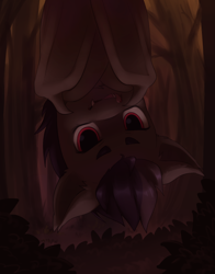 Size: 3732x4764 | Tagged: safe, artist:aquoquoo, derpibooru import, rumble, bat pony, pony, absurd resolution, colt, forest, hanging, hanging upside down, licking, licking lips, male, race swap, solo, tongue, tongue out, upside down