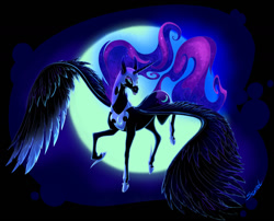 Size: 1280x1033 | Tagged: safe, artist:scyrel, derpibooru import, nightmare moon, alicorn, pony, black background, blue eyes, blue mane, blue tail, ethereal mane, feather, female, flowing mane, flowing tail, flying, grin, helmet, hoers, hoof shoes, horn, moon, night, open mouth, signature, simple background, smiling, solo, spread wings, starry mane, tail, teeth, wings
