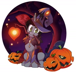 Size: 2048x1938 | Tagged: safe, artist:light262, derpibooru import, pony, unicorn, clothes, commission, costume, disguise, disguised siren, fangs, halloween, hat, heart, holiday, horn, jack-o-lantern, kellin quinn, looking at you, male, mouth hold, night, ponified, pumpkin, sitting, sleeping with sirens, solo, stallion, stick, tree, ych result