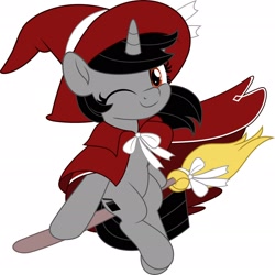 Size: 2048x2046 | Tagged: safe, derpibooru import, oc, oc only, oc:azione turn, unicorn, broom, female, flying, flying broomstick, halloween, hat, holiday, simple background, solo, white background, witch, witch hat