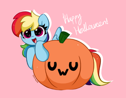 Size: 4530x3507 | Tagged: safe, artist:kittyrosie, derpibooru import, rainbow dash, pegasus, pony, blushing, cute, dashabetes, halloween, halloween 2021, happy halloween, holiday, open mouth, pink background, pumpkin, simple background, uwu