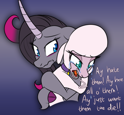 Size: 1148x1066 | Tagged: safe, artist:redahfuhrerking, derpibooru import, oleander, pom lamb, lamb, sheep, unicorn, them's fightin' herds, cloven hooves, crying, curved horn, duo, female, gradient background, horn, hug, mare