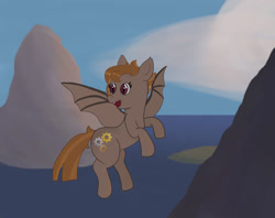 Size: 1280x1012 | Tagged: safe, artist:eminent entropy, derpibooru import, oc, oc:umber, bat pony, pony, bat pony oc, bat wings, cloud, cutie mark, female, flying, island, mare, mountain, ocean, scenery, solo, spread wings, wings