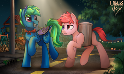 Size: 3051x1831 | Tagged: safe, artist:supermoix, artist:uliovka, derpibooru import, oc, pegasus, pony, unicorn, collaboration, halloween, holiday, jack-o-lantern, looking at each other, night, pumpkin, spooky, town, walking