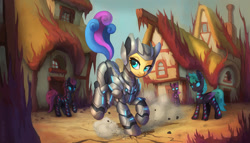 Size: 1200x686 | Tagged: safe, artist:asimos, derpibooru import, bon bon, sweetie drops, pony, ark survival evolved, battle suit, building, commission, crossover, house, video game crossover, village