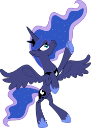 Size: 2070x2898 | Tagged: safe, artist:flizzick, derpibooru import, princess luna, alicorn, pony, luna eclipsed, season 2, bipedal, crown, female, high res, hoof shoes, horn, jewelry, mare, peytral, regalia, simple background, solo, spread wings, tail, teal eyes, transparent background, vector, wings