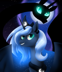 Size: 865x1000 | Tagged: safe, artist:themiles, derpibooru import, nightmare moon, princess luna, alicorn, pony, female, glowing, glowing eyes, moon, night, silhouette, smiling