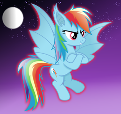 Size: 4993x4705 | Tagged: safe, artist:anime-equestria, derpibooru import, rainbow dash, bat, bat pony, fruit bat, vampire fruit bat, bat ears, bat wings, crossed arms, fangs, female, flying, glowing, glowing eyes, moon, night, smiling, solo, stars, wings