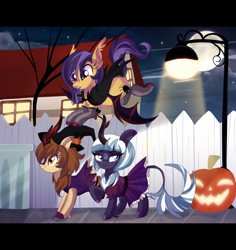 Size: 3302x3500 | Tagged: safe, artist:spookyle, derpibooru import, oc, oc:moonlit breeze, oc:pumpkin spell, oc:spookie, bat pony, kirin, pony, bat pony oc, clothes, costume, female, halloween, halloween costume, holiday, kirin oc, mare, nightmare night, street, streetlight