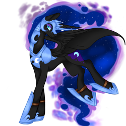 Size: 2449x2449 | Tagged: safe, artist:nightingalewolfie, derpibooru import, nightmare moon, alicorn, pony, blue eyes, blue mane, blue tail, colored pupils, ethereal mane, female, flowing mane, flowing tail, helmet, hoof shoes, horn, simple background, solo, spread wings, starry mane, starry tail, stars, tail, transparent background, wings