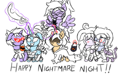 Size: 3300x2025 | Tagged: safe, artist:iceflower99, derpibooru import, oc, oc only, oc:buggy brush, oc:darky spell, oc:foggy bismuth, oc:june griffon, oc:sunrise goldhearts, oc:zweet beatz, griffon, pegasus, unicorn, blushing, celeste, clothes, costume, doki doki literature club, fanfic, grim reaper, group, halloween, holiday, homestuck, kissing, levitation, madeline, magic, nightmare night, risky boots, scimitar, shantae, sketch, telekinesis, terezi pyrope, vriska serket, yuri (ddlc)