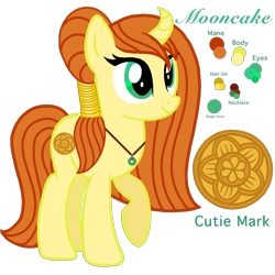 Size: 1239x1237 | Tagged: safe, artist:madlilon2051, derpibooru import, oc, oc only, oc:moon cake, pony, unicorn, curved horn, eyelashes, green eyes, horn, jewelry, necklace, orange mane, orange tail, raised hoof, raised leg, reference sheet, simple background, smiling, solo, standing, tail, transparent background, unicorn oc