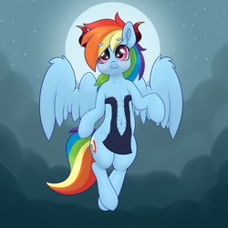 Size: 4000x4000 | Tagged: safe, artist:yelowcrom, derpibooru import, rainbow dash, pegasus, pony, belly button, blushing, clothes, cloud, cute, dashabetes, ear fluff, ears, female, halloween, holiday, horns, looking at you, mare, moon, nightmare night, solo, wings