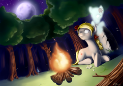 Size: 2880x2001 | Tagged: safe, artist:renatethepony, derpibooru import, earth pony, ghost, ghost pony, pony, undead, campfire, don't starve, duo, female, flower, forest, full moon, lying down, mare, moon, night, outdoors, ponified, prone, stars, tree