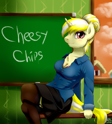 Size: 1830x2012 | Tagged: safe, artist:renatethepony, derpibooru import, oc, oc only, anthro, unicorn, chalkboard, clothes, cloud, female, horn, indoors, signature, sitting, skirt, smiling, unicorn oc