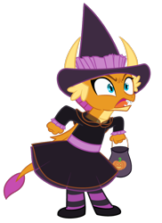 Size: 656x900 | Tagged: safe, artist:queencold, derpibooru import, smolder, dragon, angry, clothes, costume, dragoness, female, hat, simple background, solo, transparent background, witch, witch hat