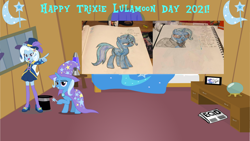 Size: 1280x720 | Tagged: safe, artist:rizo2612studios, derpibooru import, trixie, human, pony, unicorn, equestria girls, bed, cape, clothes, crystal ball, female, hat, lava lamp, mare, newspaper, text, top hat, traditional art, trixie's cape, trixie's hat, wand