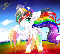 Size: 2834x2551 | Tagged: safe, artist:schokocream, derpibooru import, oc, oc only, oc:lightning bliss, alicorn, pony, alicorn oc, cloud, ear fluff, ears, female, happy birthday, horn, mare, multicolored hair, outdoors, rainbow hair, rainbow power, raised hoof, raised leg, schokocream, smiling, stars, wings