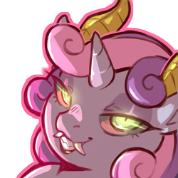 Size: 1159x1159 | Tagged: safe, artist:cold-blooded-twilight, derpibooru import, sweetie belle, demon, unicorn, eyeshadow, fangs, female, glowing, glowing eyes, halloween, holiday, horn, horns, lipstick, looking at you, makeup, simple background, solo, transparent background
