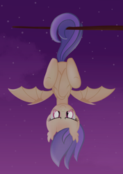 Size: 2100x2970 | Tagged: safe, artist:candy meow, derpibooru import, oc, oc only, oc:ellowee, bat pony, pony, bat ears, bat ponified, bat wings, digital art, fangs, female, game, hanging by tail, high res, legends of equestria, looking at you, mane, mare, mascot, night, night sky, race swap, show accurate, sky, smiling, solo, spread wings, stars, tail, tree branch, two toned mane, two toned tail, upside down, video game, wings