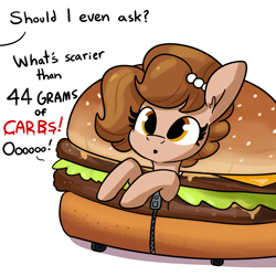 Size: 1584x1584 | Tagged: safe, artist:tjpones, derpibooru import, oc, oc only, oc:brownie bun, earth pony, pony, horse wife, burger, cheeseburger, clothes, costume, dialogue, female, food, food costume, halloween, halloween costume, hamburger, mare, offscreen character, simple background, solo, white background