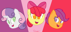 Size: 1892x855 | Tagged: safe, artist:realgero, derpibooru import, apple bloom, scootaloo, sweetie belle, earth pony, pegasus, pony, unicorn, cutie mark crusaders