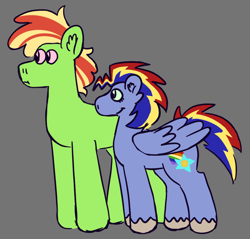 Size: 1280x1224 | Tagged: safe, artist:tezzbot, derpibooru import, oc, oc only, oc:atlas stratus, oc:zap apple, earth pony, pegasus, pony, brother and sister, duo, female, gray background, magical lesbian spawn, male, mare, offspring, parent:applejack, parent:rainbow dash, parents:appledash, siblings, simple background, stallion