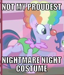 Size: 517x600 | Tagged: safe, derpibooru import, edit, edited screencap, editor:twi clown, screencap, spike, twilight sparkle, unicorn twilight, dragon, pony, unicorn, season 1, the ticket master, caption, clothes, clown, clown nose, clown wig, costume, female, image macro, leotard, mare, nightmare night, text, twily the clown