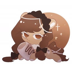 Size: 1406x1393 | Tagged: safe, artist:xieyanbbb, derpibooru import, oc, oc:cocoa, earth pony, food pony, original species, pony, animated, bow, brown coat, brown eyes, brown hair, chocolate, dessert, eyelashes, food, gif, hair bow, jewelry, marshmallow, necklace, pearl, pearl necklace, ponified, solo, sparkle, white eyelashes