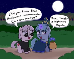 Size: 2121x1701 | Tagged: safe, artist:heretichesh, derpibooru import, oc, oc only, oc:blue pill, oc:red pill, pony, unicorn, bag, brother and sister, clothes, colt, costume, dialogue, duo, female, filly, foal, full moon, halloween, hat, holiday, male, moon, night, nightmare night costume, siblings, speech bubble, suit, sunglasses, trick or treat, wizard hat, wizard robe