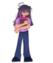 Size: 508x602 | Tagged: safe, artist:axitaint, derpibooru import, twilight sparkle, human, book, bowtie, bracelet, clothes, female, glasses, humanized, jeans, jewelry, pants, shirt, shoes, simple background, solo, t-shirt, transparent background, wristband, yaoi hands