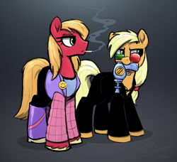 Size: 2687x2451 | Tagged: safe, artist:selenophile, derpibooru import, applejack, big macintosh, earth pony, pony, channon yarrow, cigarette, clothes, costume, crossdressing, crossplay, glasses, gun, halloween, halloween costume, mouth hold, smoking, spider jerusalem, transmetropolitan, weapon