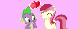 Size: 960x366 | Tagged: safe, artist:arifproject, artist:memnoch, editor:undeadponysoldier, roseluck, spike, dragon, earth pony, pony, blushing, cute, cuteluck, daaaaaaaaaaaw, eyes closed, female, flower, flower in hair, happy, hearts and hooves day, male, mare, pink background, rosespike, shipping, simple background, smiling, spikabetes, straight, valentine's day, vector edit