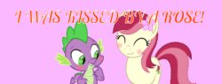 Size: 960x366 | Tagged: safe, artist:arifproject, artist:memnoch, editor:undeadponysoldier, roseluck, spike, dragon, earth pony, pony, blushing, cute, cuteluck, daaaaaaaaaaaw, eyes closed, female, flower, flower in hair, happy, hearts and hooves day, kiss from a rose, male, mare, pink background, rosespike, seal (band), shipping, simple background, smiling, song reference, spikabetes, straight, text, valentine's day, vector edit