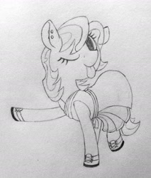 Size: 1520x1780 | Tagged: safe, artist:sodanium, earth pony, clothes, female, monochrome, one eye closed, solo, tongue, tongue out, traditional art, wink