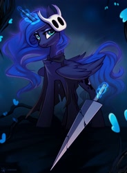 Size: 1616x2200 | Tagged: safe, artist:taneysha, derpibooru import, princess luna, alicorn, pony, chest fluff, cloak, clothes, crossover, female, hollow knight, looking at you, magic, mare, solo, sword, torn clothes, weapon